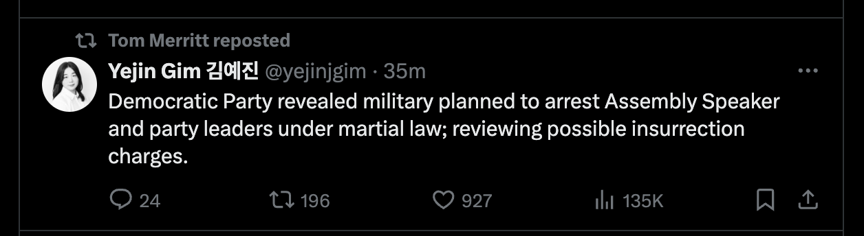 Screenshot of a tweet reading “Democratic Party revealed military planned to arrest Assembly Speaker and party leaders under martial law; reviewing possible insurrection charges.” from Yejin Gim on Twitter.