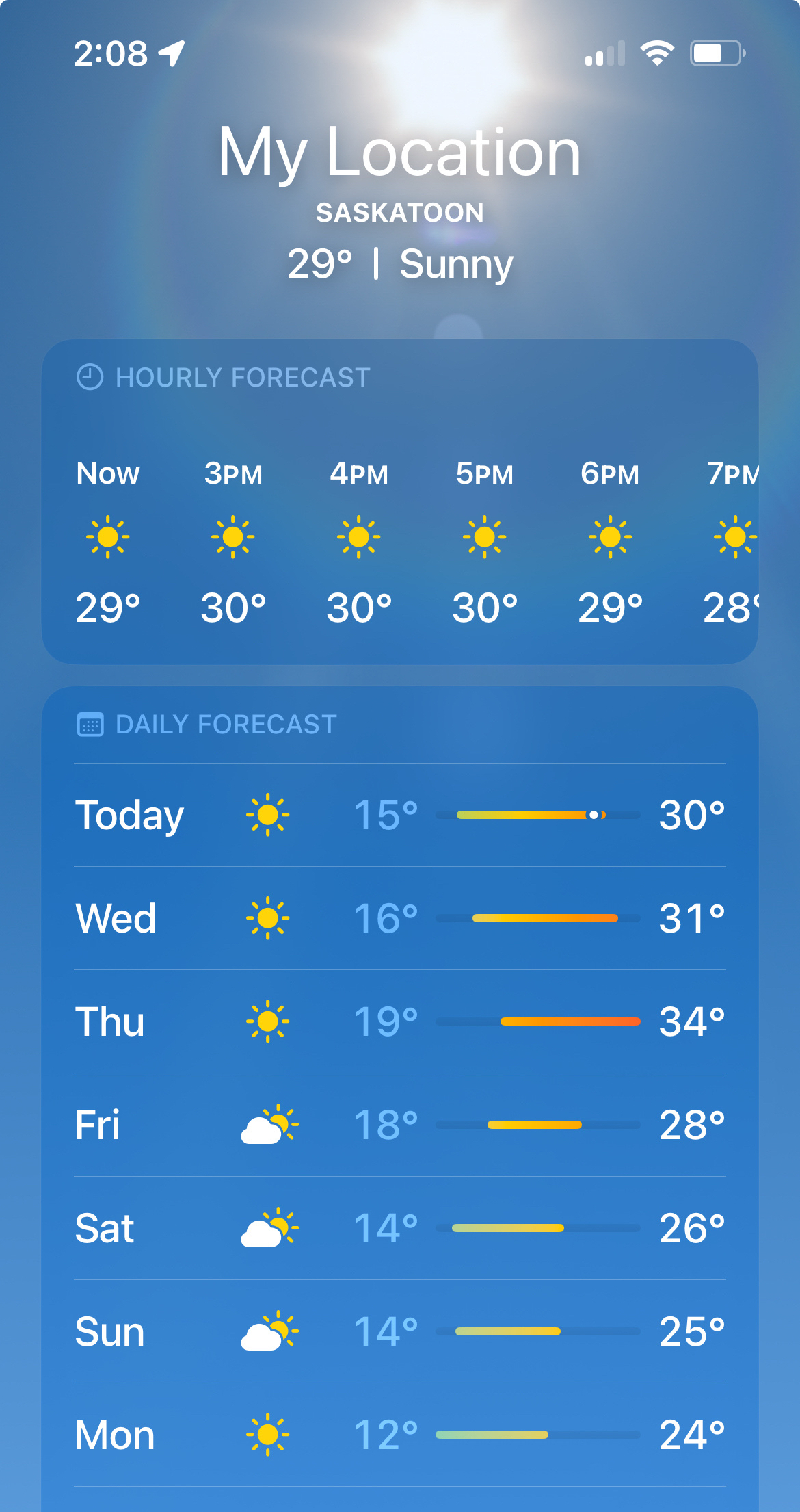 Weather for my location showing a high of 30C today and 34C on Thursday. 