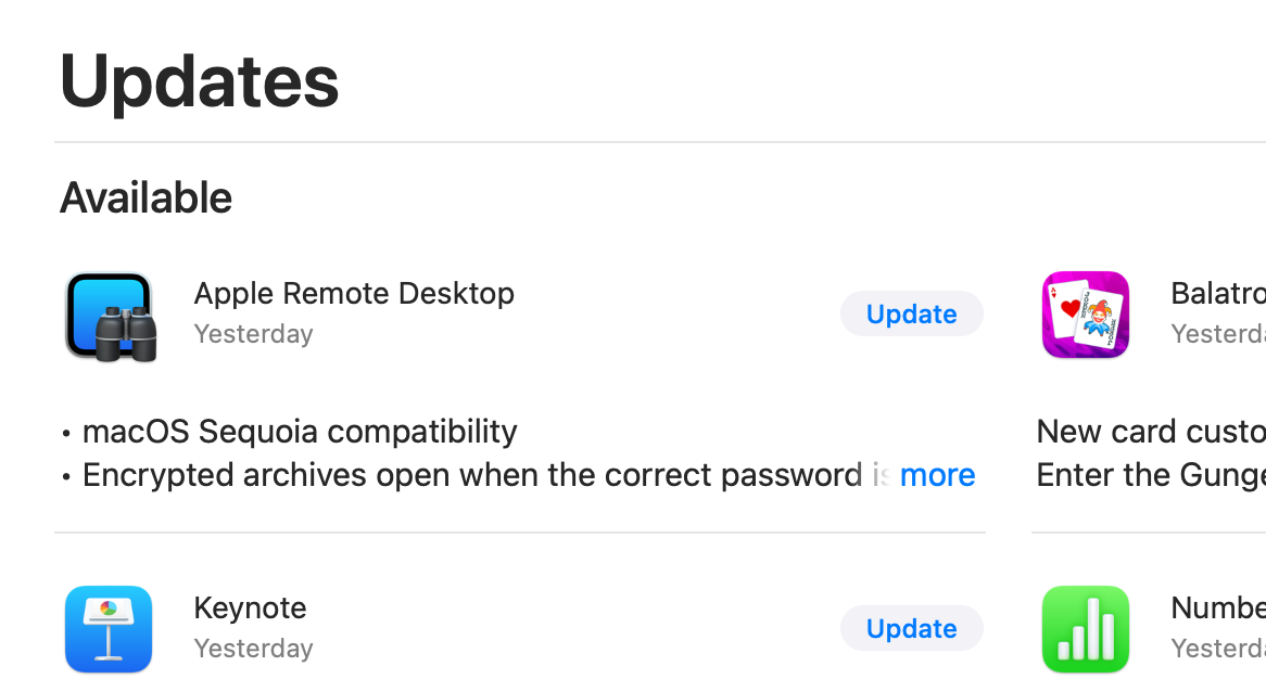 Screenshot showing App Store updates with Apple Remote Desktop having an update for macoS Sequoi compatibility 