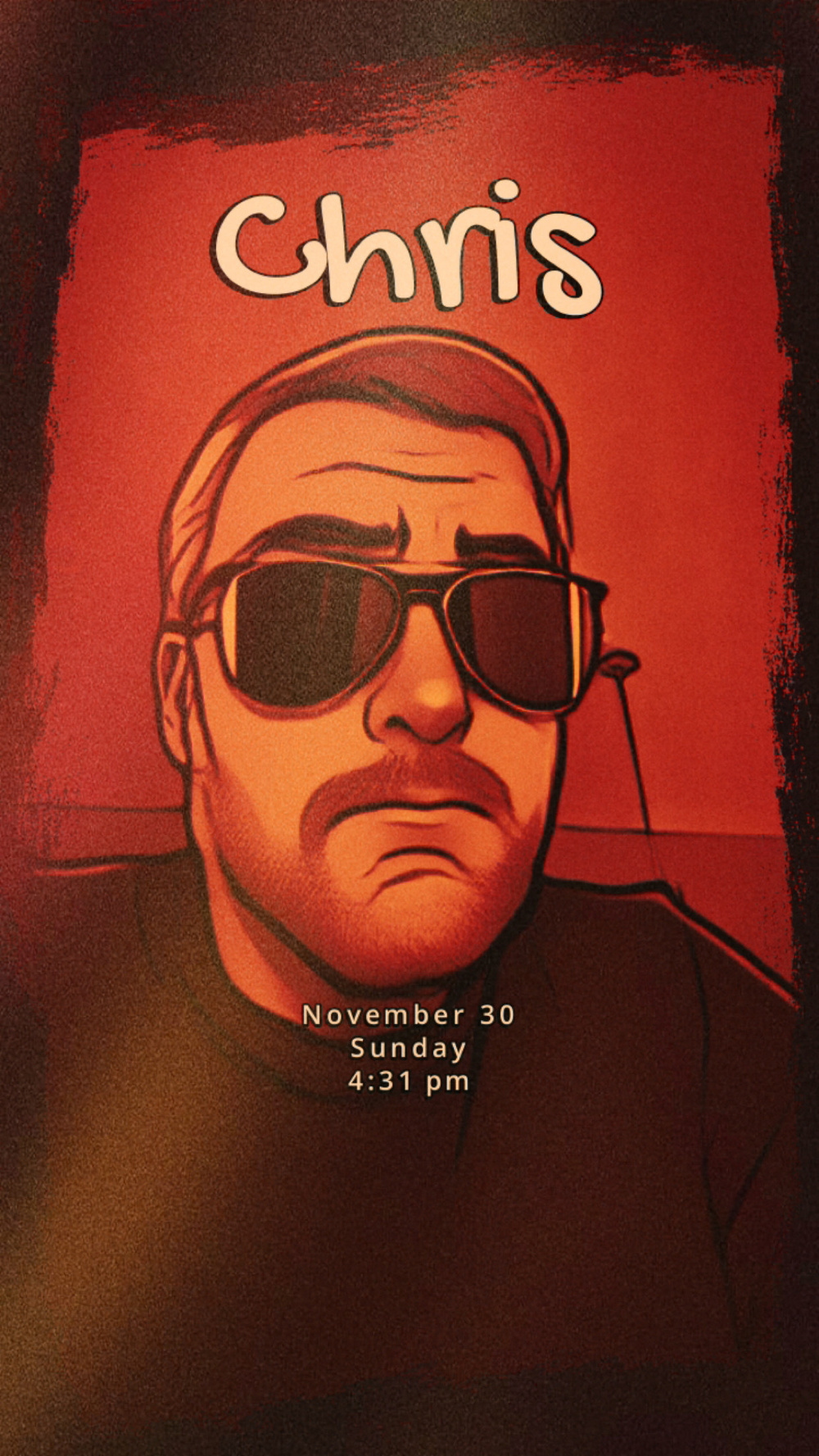 A stylized drawing of a person named Chris with sunglasses and a mustache is set against a red background, displaying the date and time.
