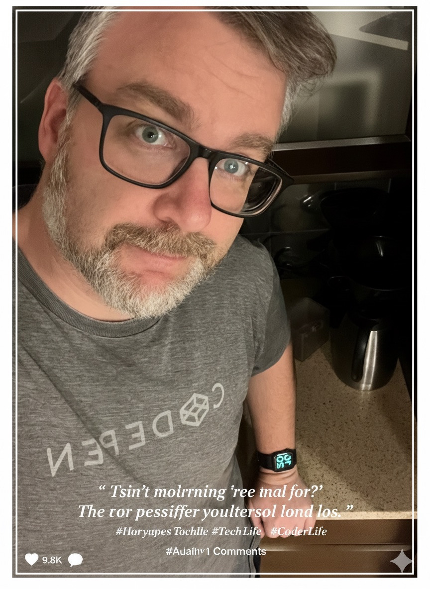 A person wearing glasses and a smartwatch is standing in a kitchen, looking up at the camera, with text overlay at the bottom featuring hashtags.