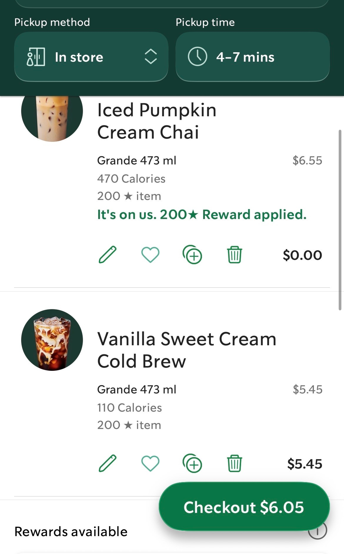 A coffee shop app screenshot shows two drink items, Iced Pumpkin Cream Chai and Vanilla Sweet Cream Cold Brew, with one item priced at $0.00 due to a reward applied, and a total checkout amount of $6.05.
