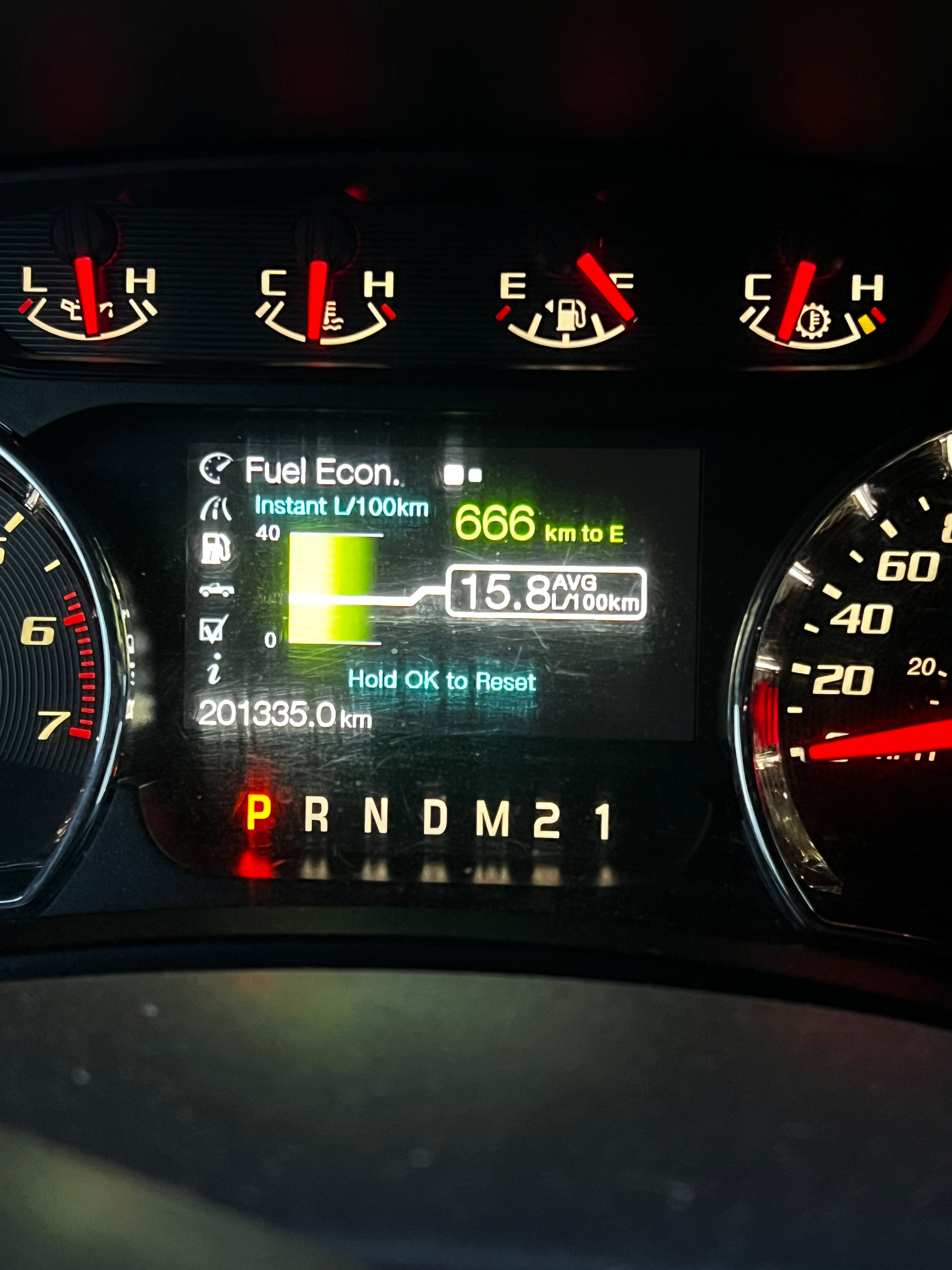 A vehicle dashboard displays fuel economy data, mileage, and various gauges, with an odometer reading of 201,335 kilometers and eta to empty of 666km 