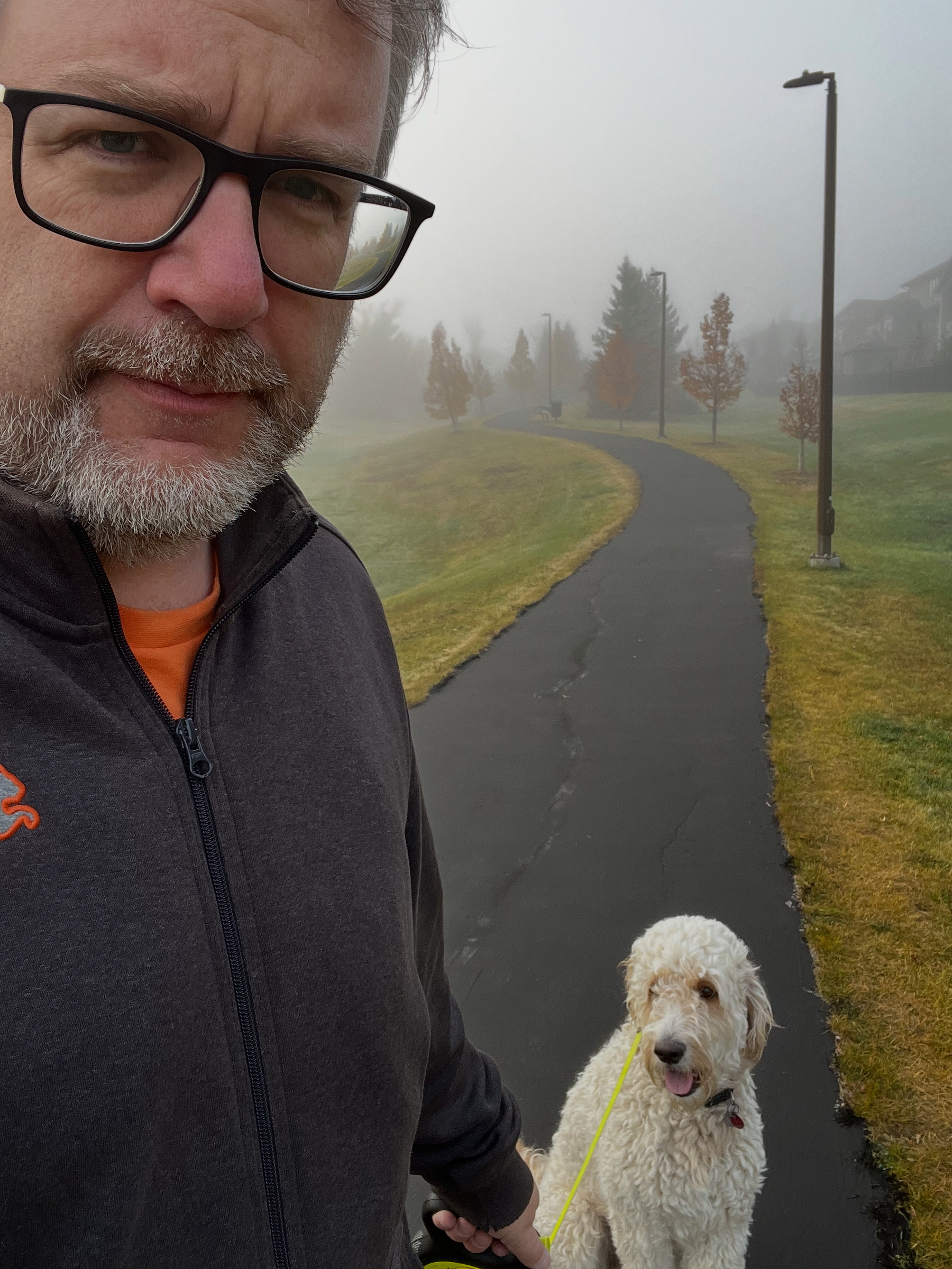 A person with glasses and a beard is standing on a foggy path with a curly-haired dog on a leash.