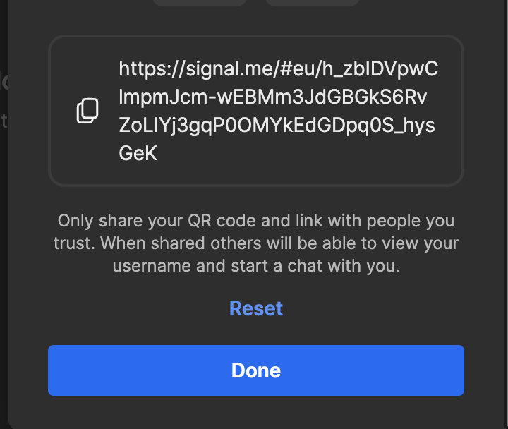 A screenshot of Signal’s share link screen with a reset button option displayed to change the link URL.