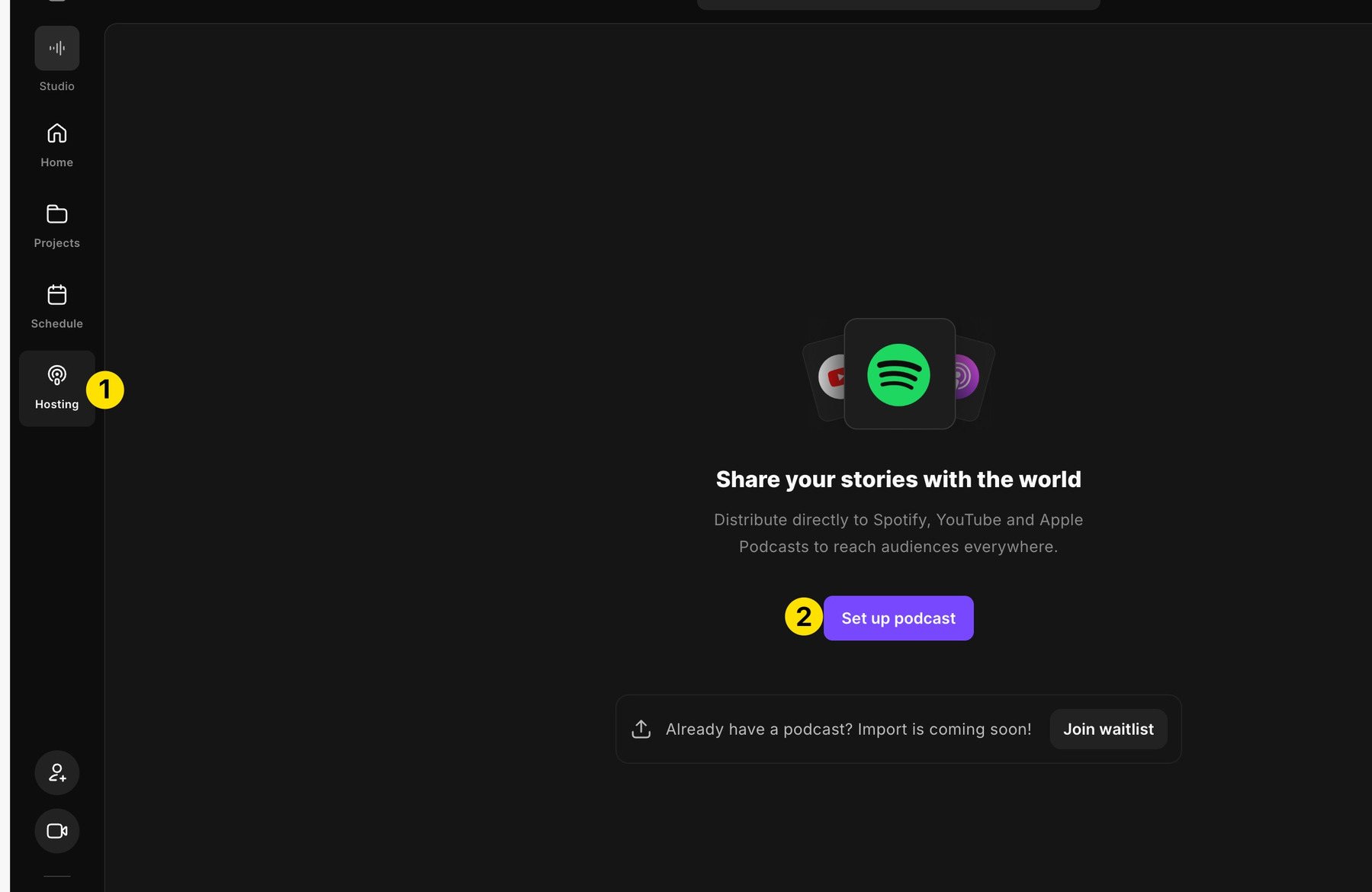 Screenshot of Riverside.fm’s admin panel showing a hosting option in their menu of options.