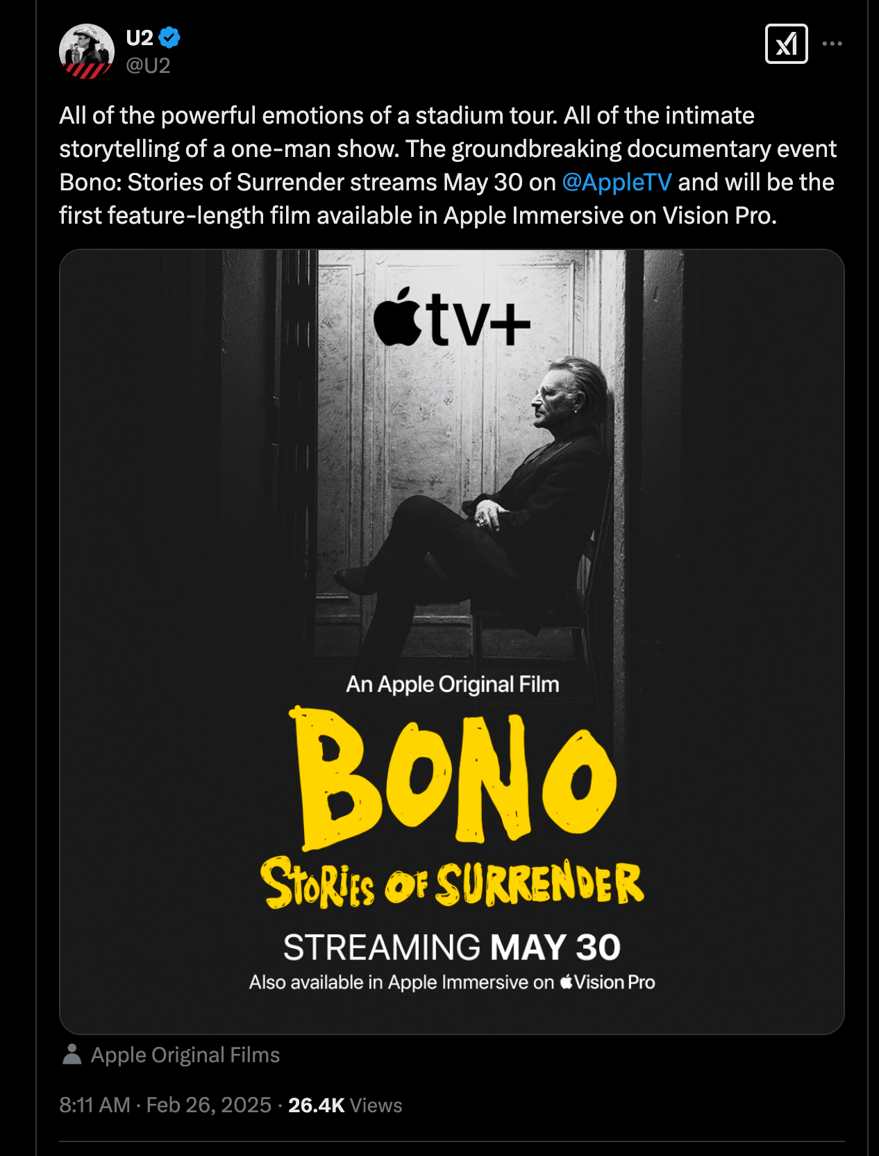 Screenshot of U2’s account on X saying: All of the powerful emotions of a stadium tour. All of the intimate storytelling of a one-man show. The groundbreaking documentary event Bono: Stories of Surrender streams May 30 on &10;@AppleTV and will be the first feature-length film available in Apple Immersive on Vision Pro.