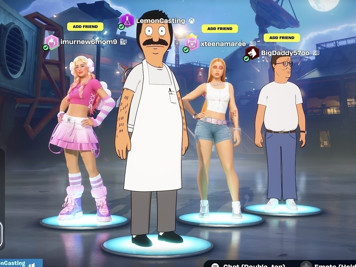 Four characters stand in a virtual game lobby, each with a unique style or appearance, with gamer tags displayed above them. Two are obviously younger looking avatars, two are older white men avatars. (Bob’s Burgers and Hank Hill)