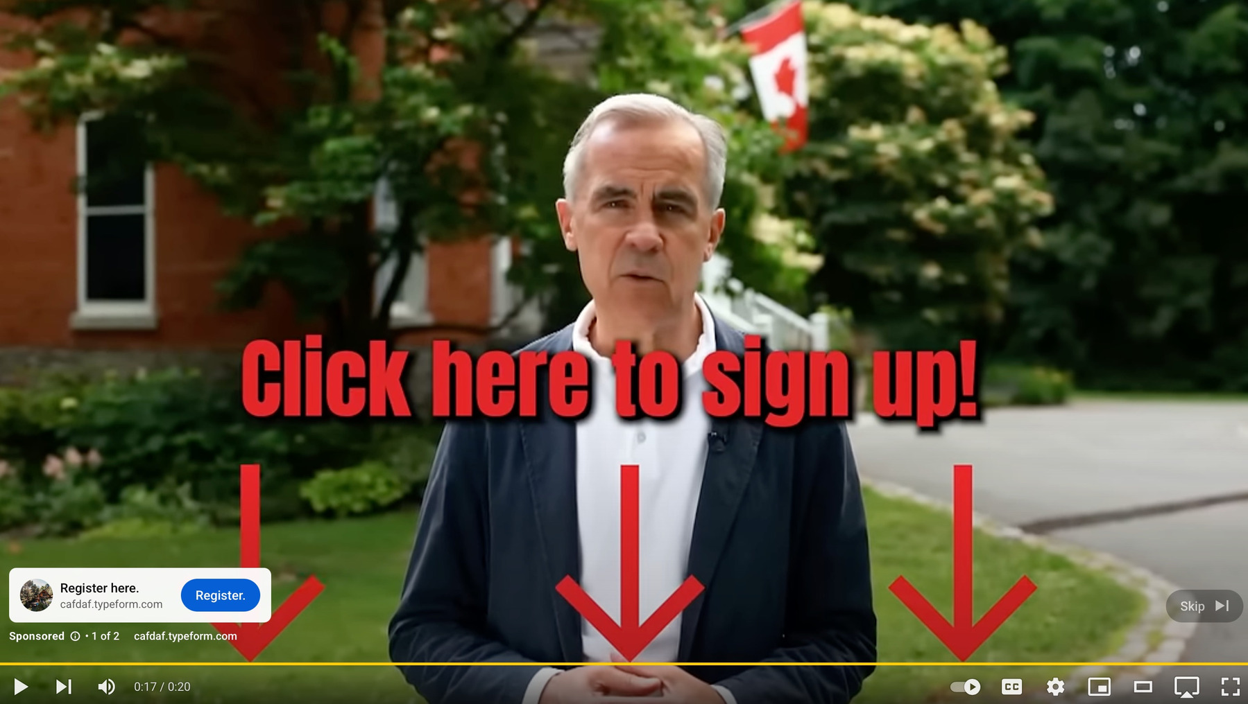 A fairly obvious AI version of Prime Minister Mark Carney in an advert on YouTube for cafdaf.typeform.com