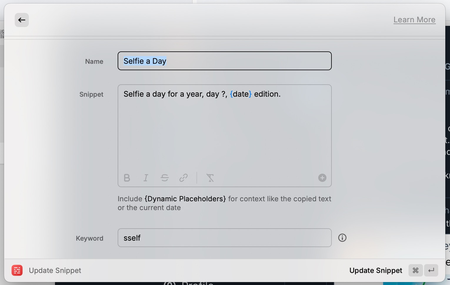 Screenshot of a Raycast window open to a snippet editor with “Selfie a day for a year, day ?, Sep 24, 2025 edition.” as the text and sself as the command to trigger it.