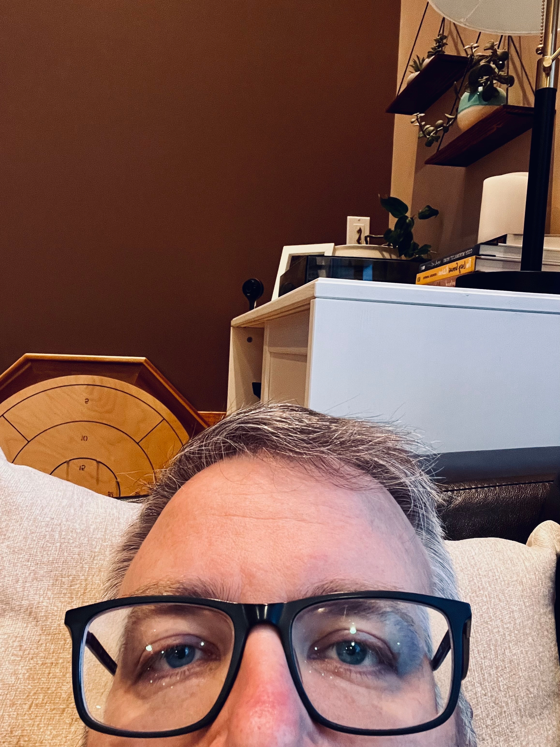 A person with glasses is partially visible, lying down on a sofa in a room with shelves, books, and plants in the background.