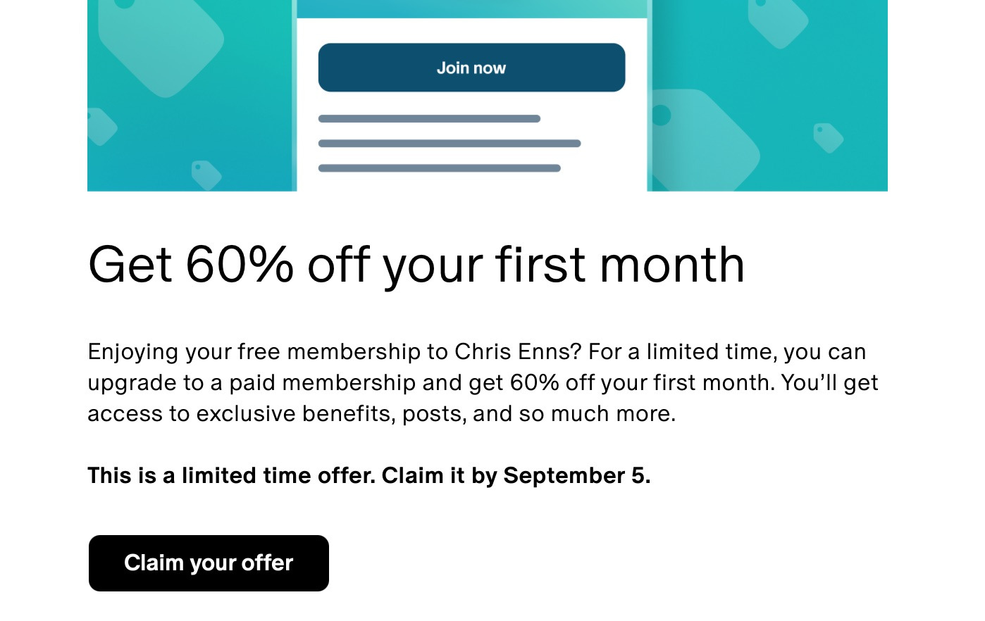 Screenshot of an email from Patreon saying I can get 60% off membership to my patreon campaign by Sept5 