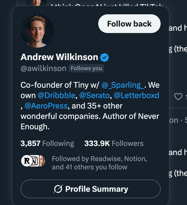 @Awilkinson on Twitter’s profile. Co-founder of Tiny w/ @_Sparling_&10;. We own @Dribbble&10;, @Serato&10;, @Letterboxd&10;, @AeroPress&10;, and 35+ other wonderful companies. Author of Never Enough.