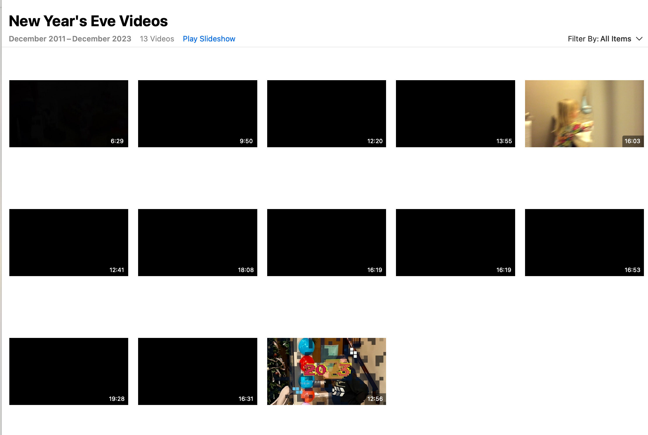 Screenshot of video thumbnails in Photos in an album labelled New Year’s Eve Videos from Dec 2011 to Dec 2023.