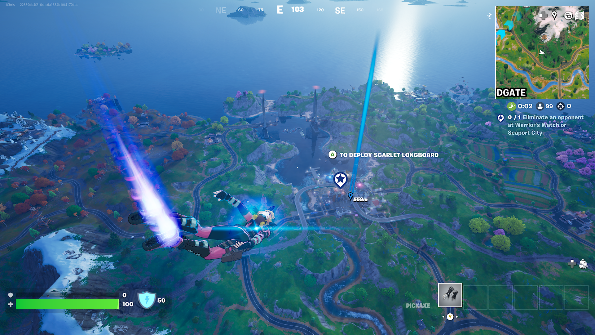 A player character in Fortnite is skydiving over a colorful landscape, with map details and a marker visible on the screen.