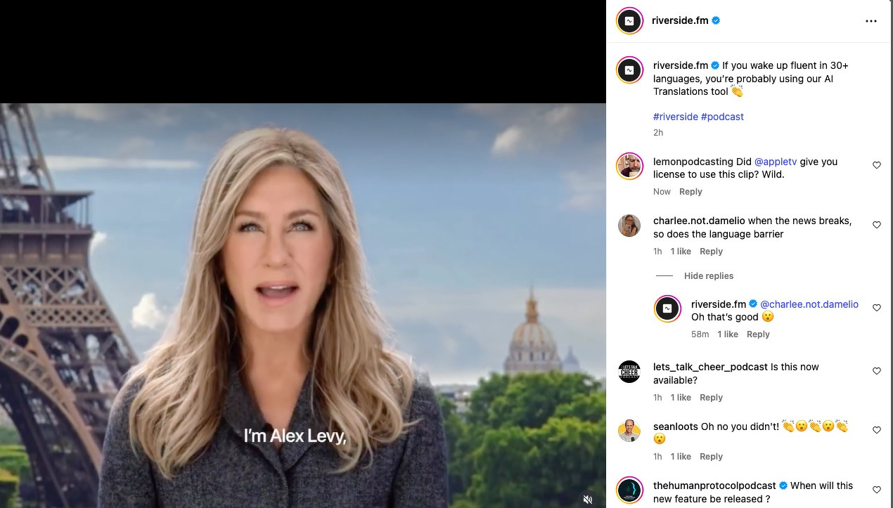 Screenshot from Riverside’s Instagram account showing a video using Jennifer Anniston in AppleTV’s The Morning Show speaking with english subtitles.