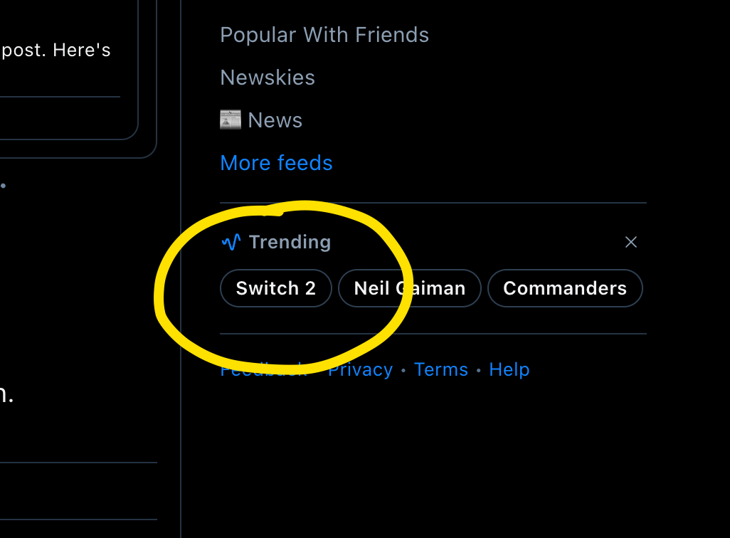Screenshot of Bluesky’s tiny trending tab showing Switch 2 as one of the topics.