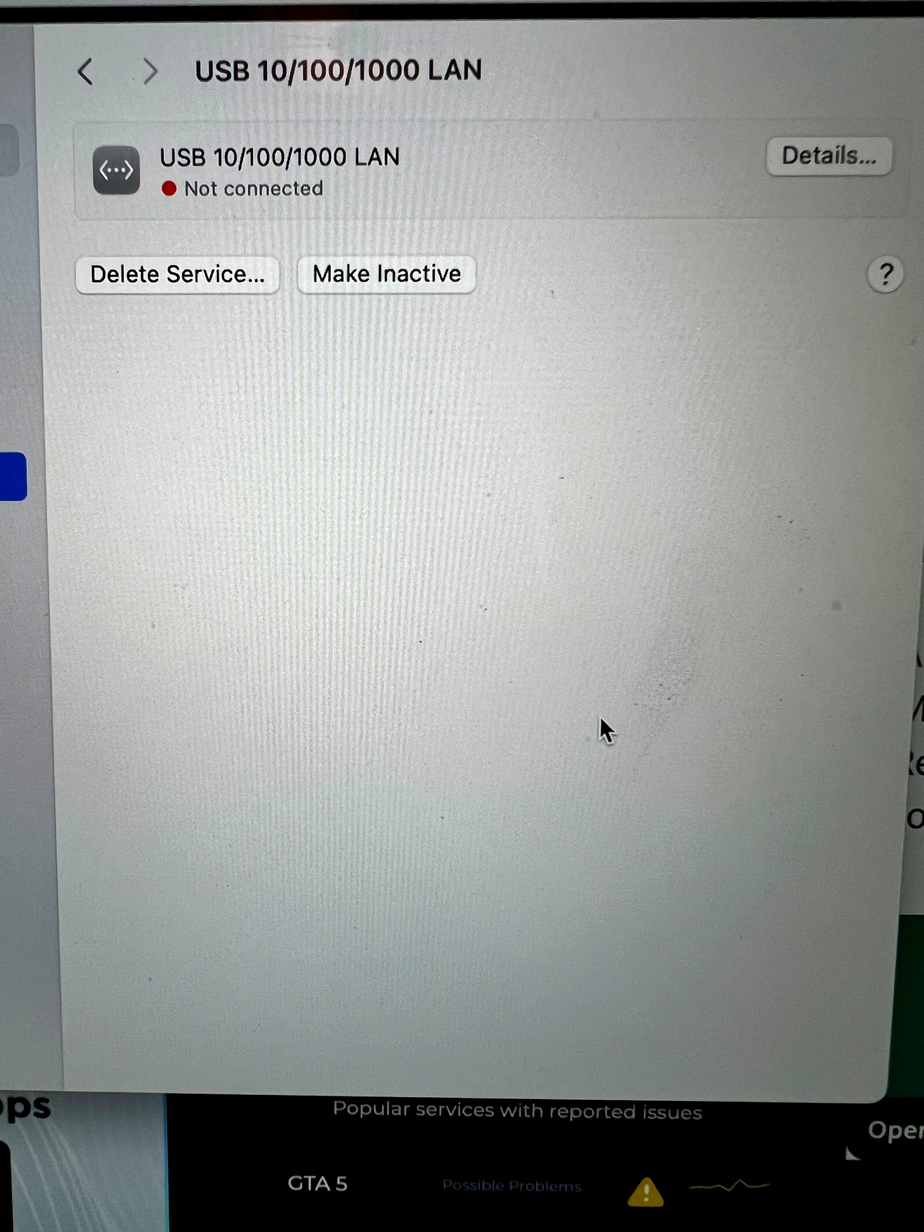 A computer screen displays network settings for a USB 10/100/1000 LAN connection, indicating it is not connected, with options to delete the service or make it inactive.