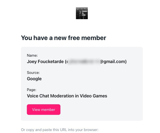 A notification indicates a new member with a partially blurred email has joined the Voice Chat Moderation in Video Games page, and it originated from Google.
