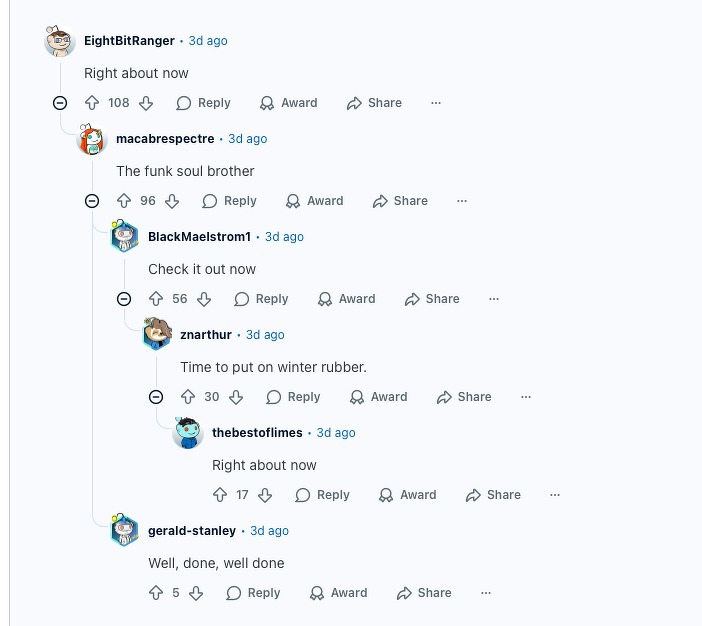 A series of humorous comments with meme references and playful interactions is seen in an online thread.