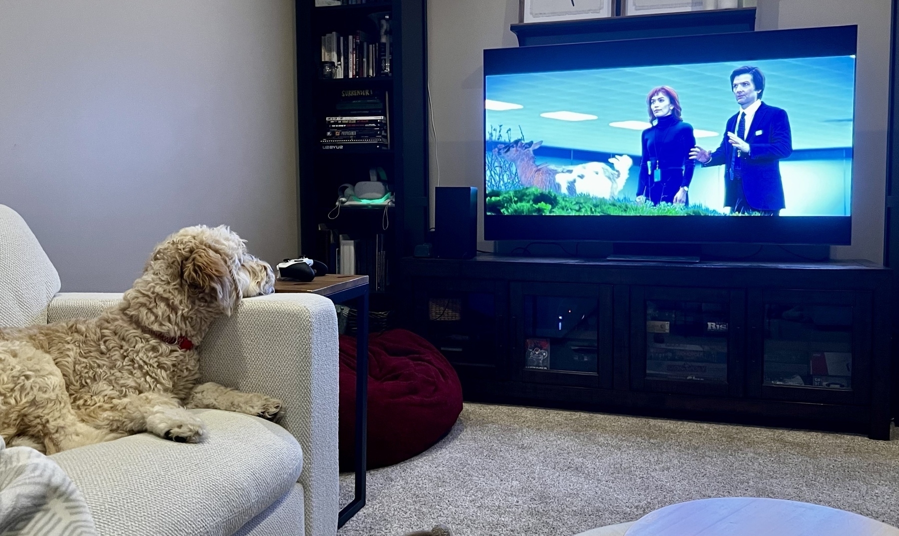 Neville Dogbottom sitting on a couch propping his head up on the arm rest watching a TV showing an episode of Severance on AppleTV+ 