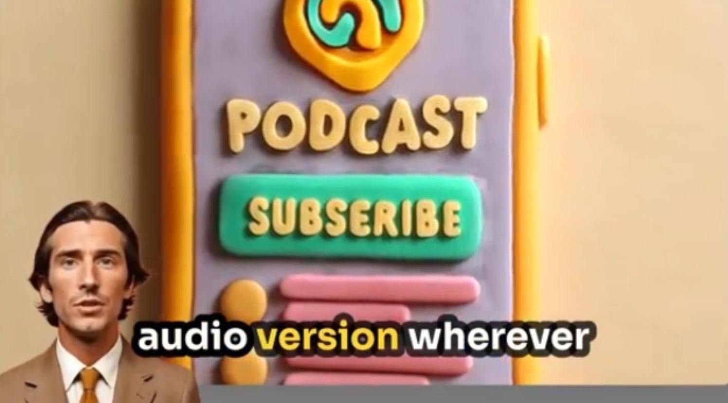 AI generated image of a talking head with the caption “audio version wherever” and in the background there’s a claymation style image with the word PODCAST over top of a misspelling of the word SUBSCRIBE spelled subseribe