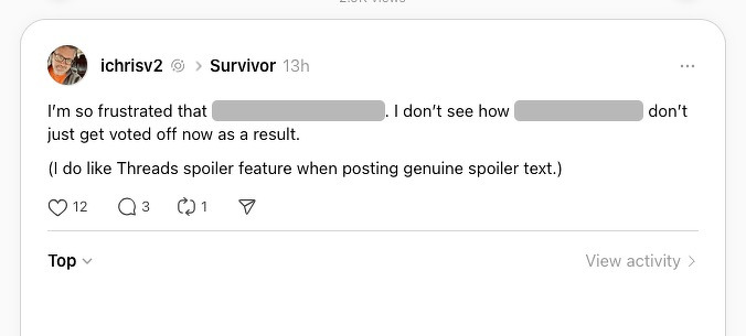 A social media post expresses frustration about a subject related to Survivor, with some text obscured and a mention of a spoiler feature.