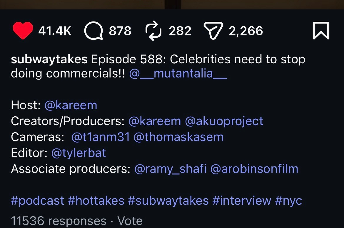 A social media post by subwaytakes discusses Episode 588 about celebrities and commercials, listing various hosts and creators, with hashtags related to podcasts and interviews.