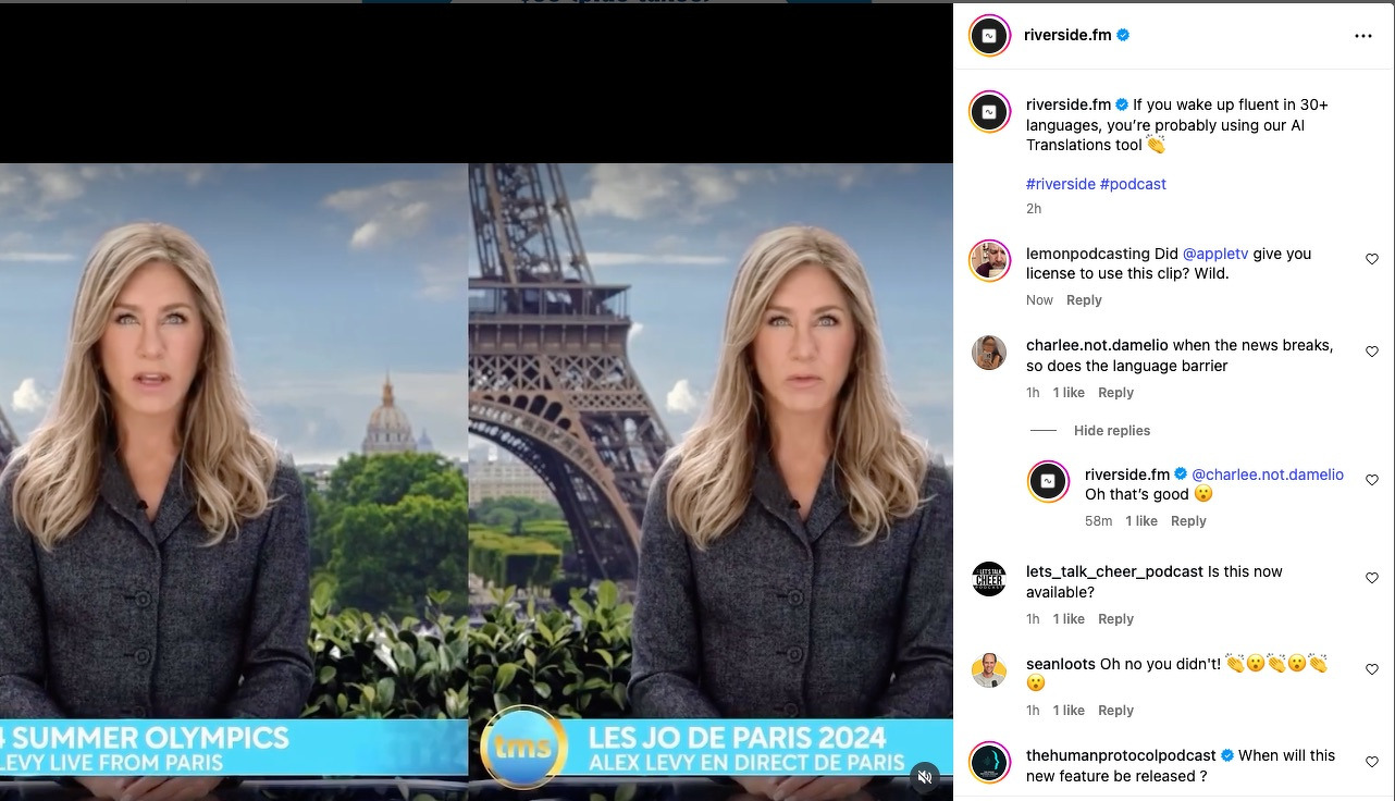 Screenshot from Riverside’s Instagram account showing a video using Jennifer Anniston in AppleTV’s The Morning Show speaking with english subtitles and another window beside her showing speaking with French subtitles.