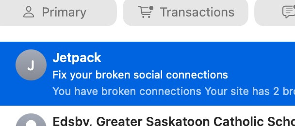 Screenshot of an email from Jetpack (WordPress plugin for my website) saying “Fix yoru broken social connections”