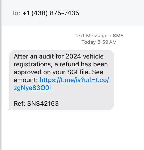A text message claims a refund for 2024 vehicle registrations has been approved, offering a suspicious link for more information.