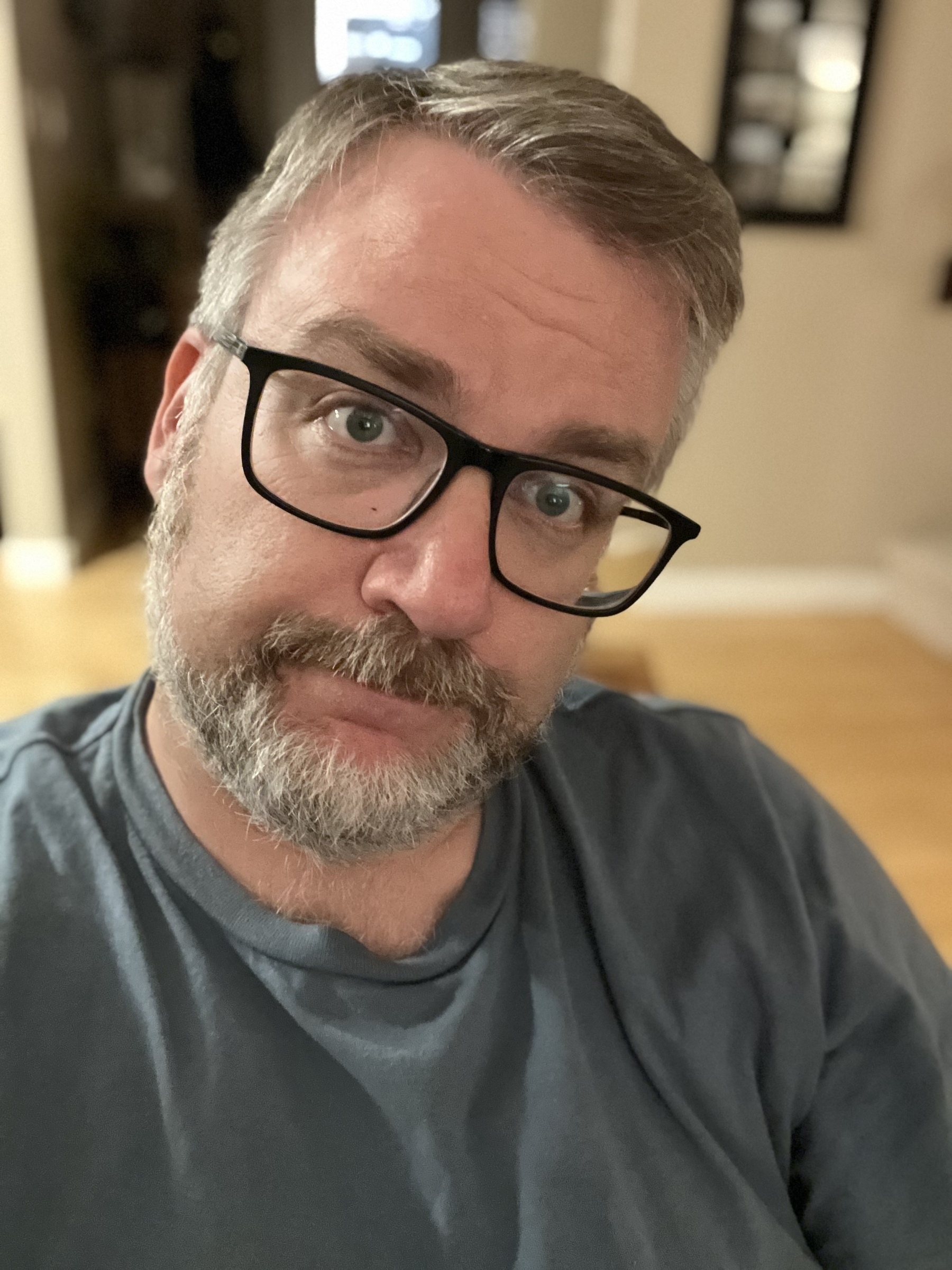A person with glasses and a beard is looking at the camera while seated indoors.