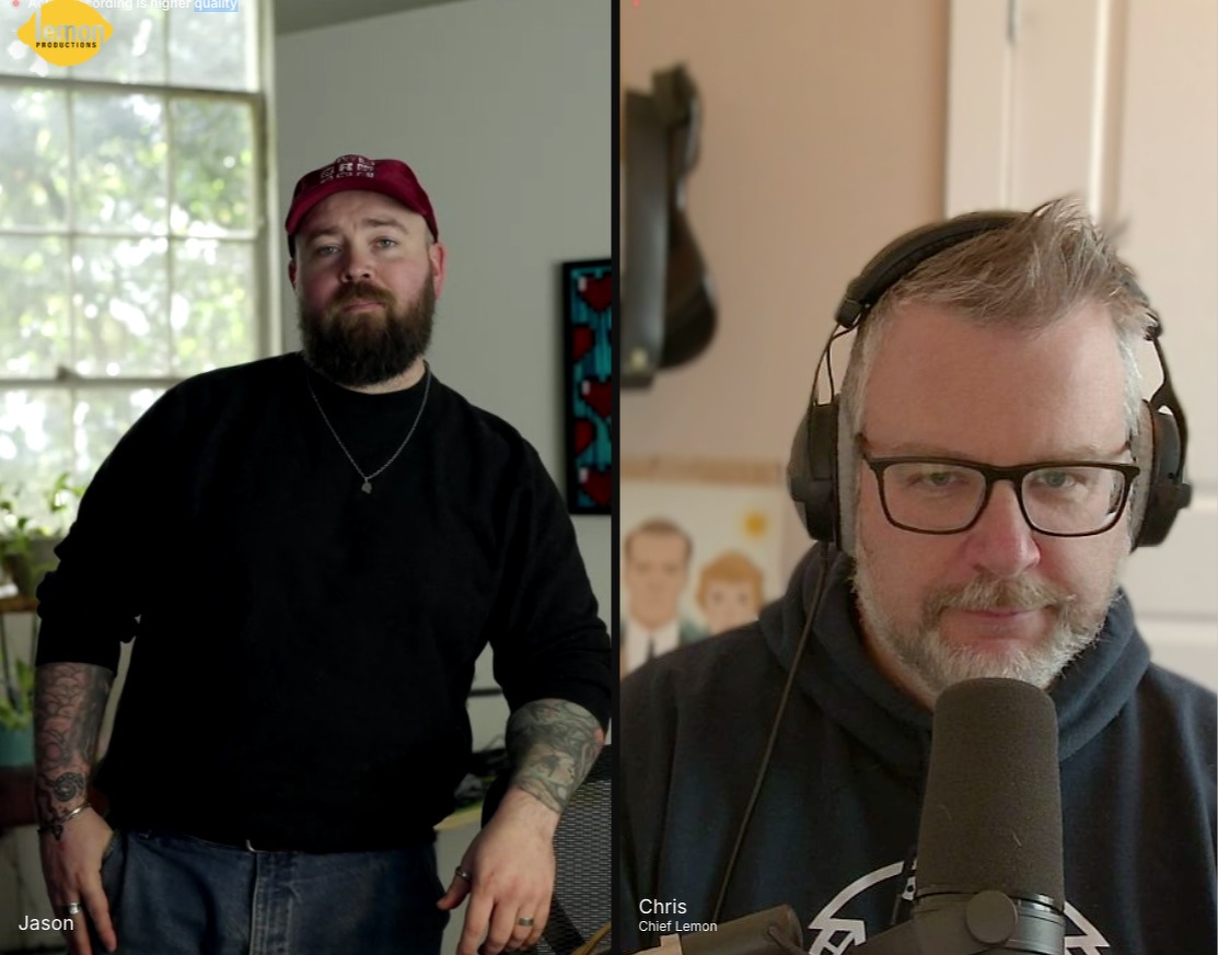 Two men are pictured side by side, with Jason Lengstorf wearing a cap and black sweater, and the other (me!) wearing headphones and speaking into a microphone.