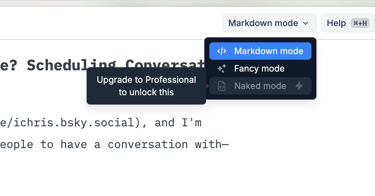 Screenshot of Buttondown.com’s email newsletter settings with a Markdown mode, Fancy mode, and Naked mode.