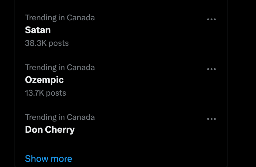 Screenshot showing trending topics on Twitter in Canada listing Satan, Ozempic, and Don Cherry.