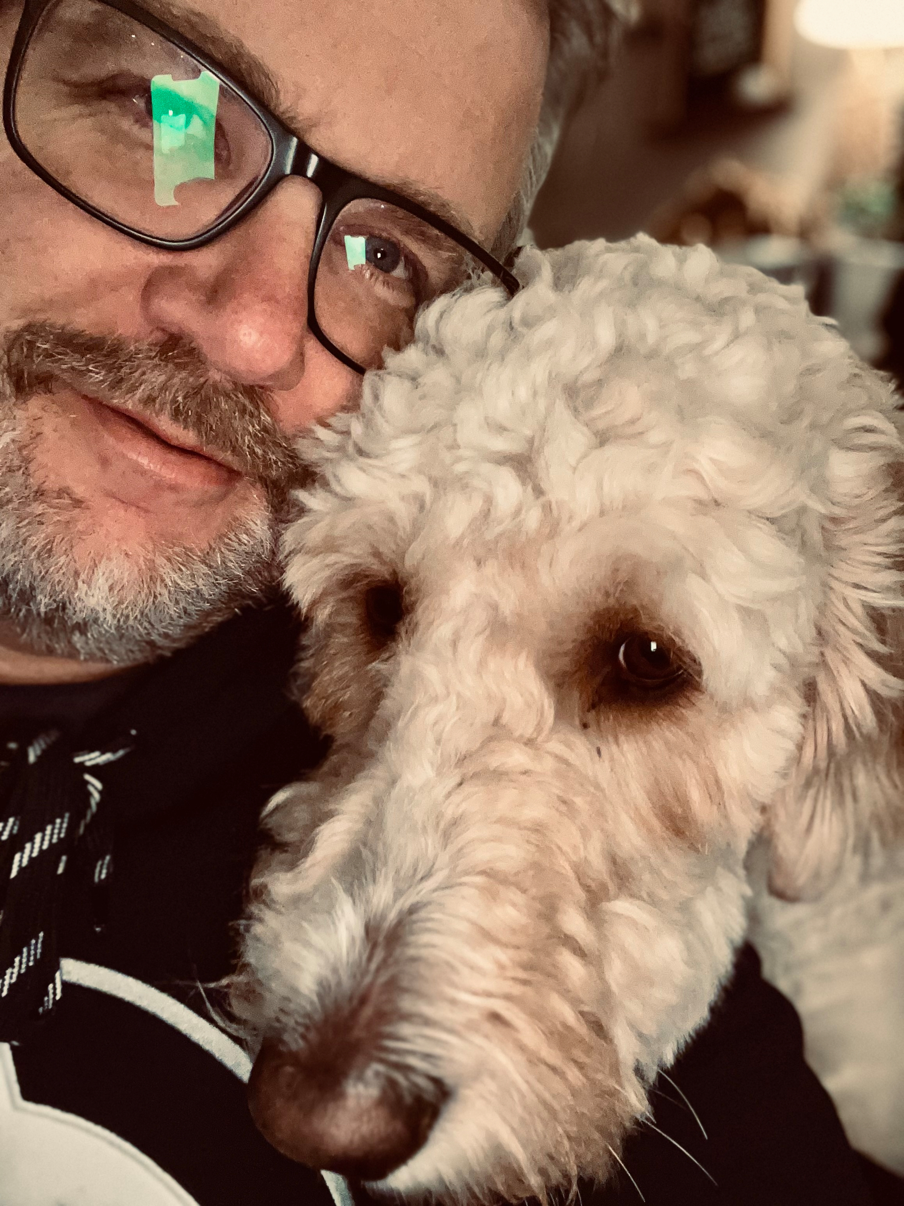 A person with glasses is cuddling a fluffy white dog.