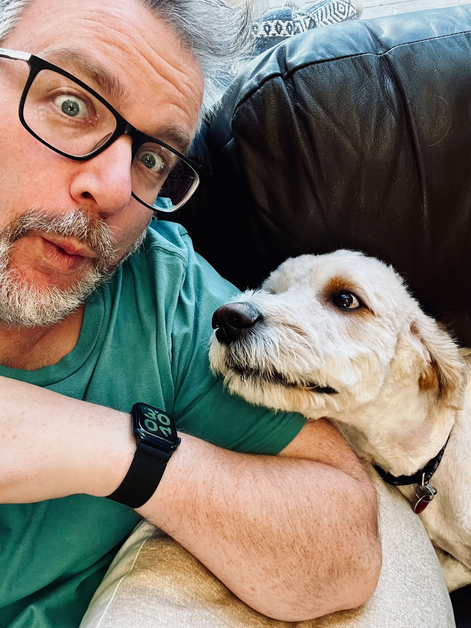 A bearded man wearing glasses and a teal shirt poses playfully with a dog resting its head on the couch next to him.