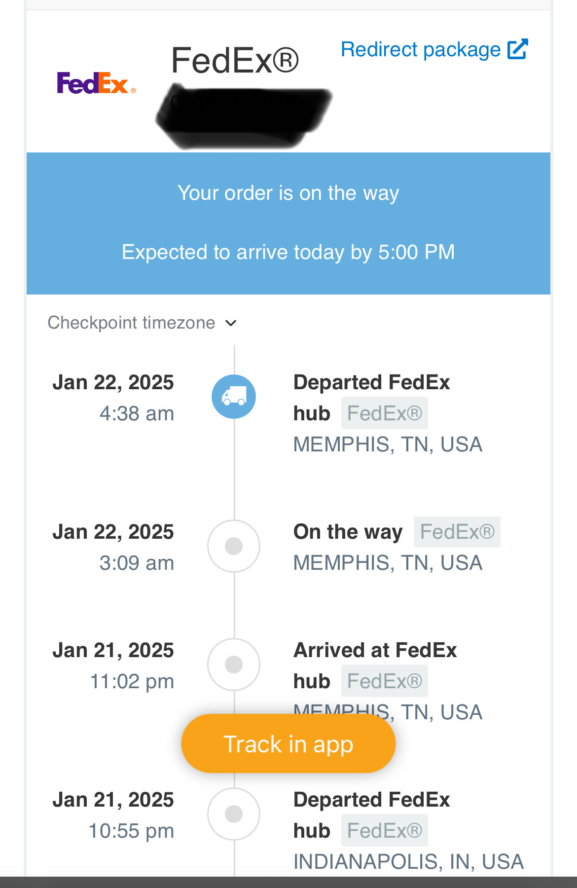 A FedEx package tracking update shows the package departed from Memphis, TN, with expected delivery today by 5:00 PM.