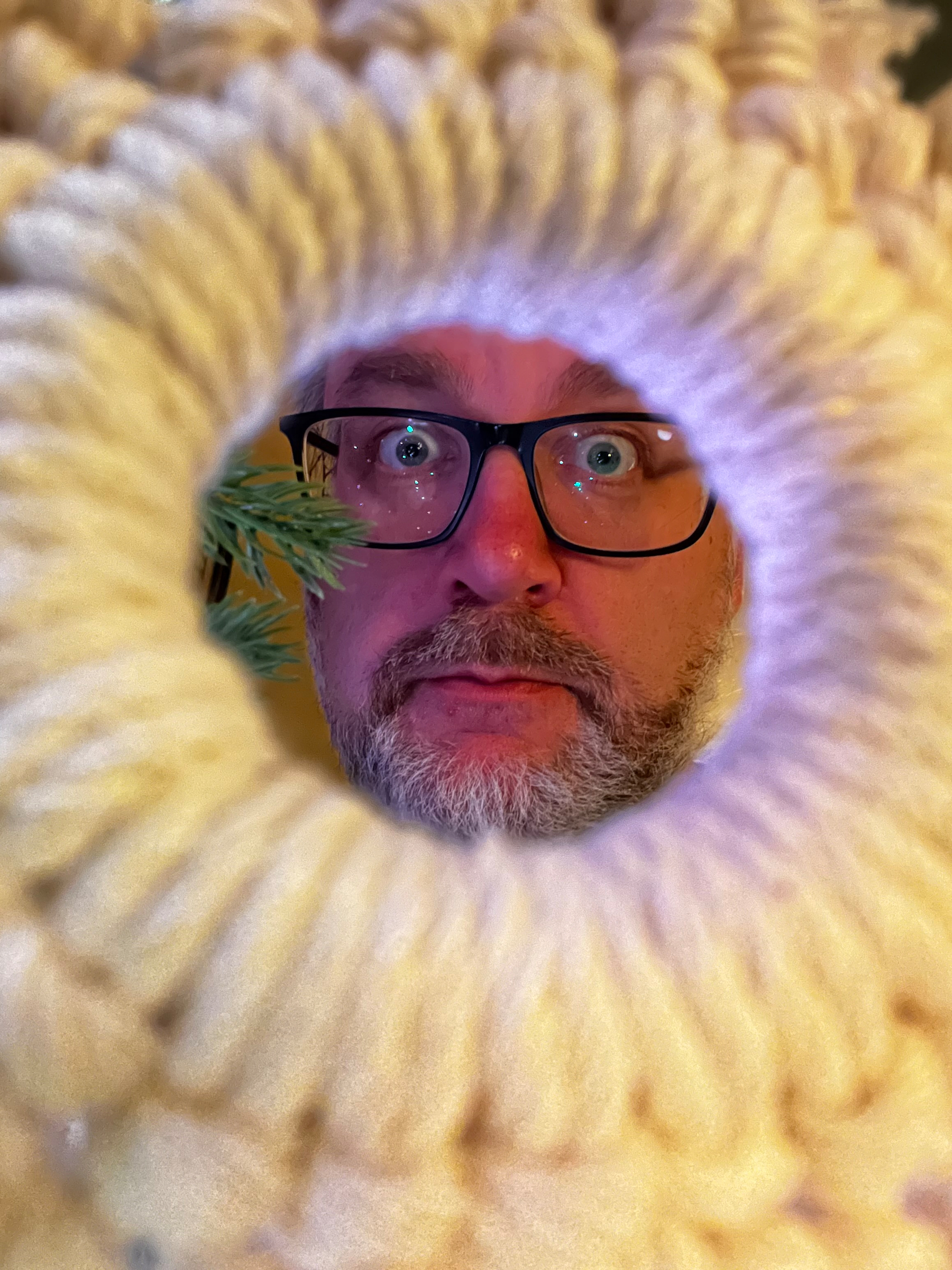 A man with glasses and a surprised expression is seen through the center of a circular knitted pattern.