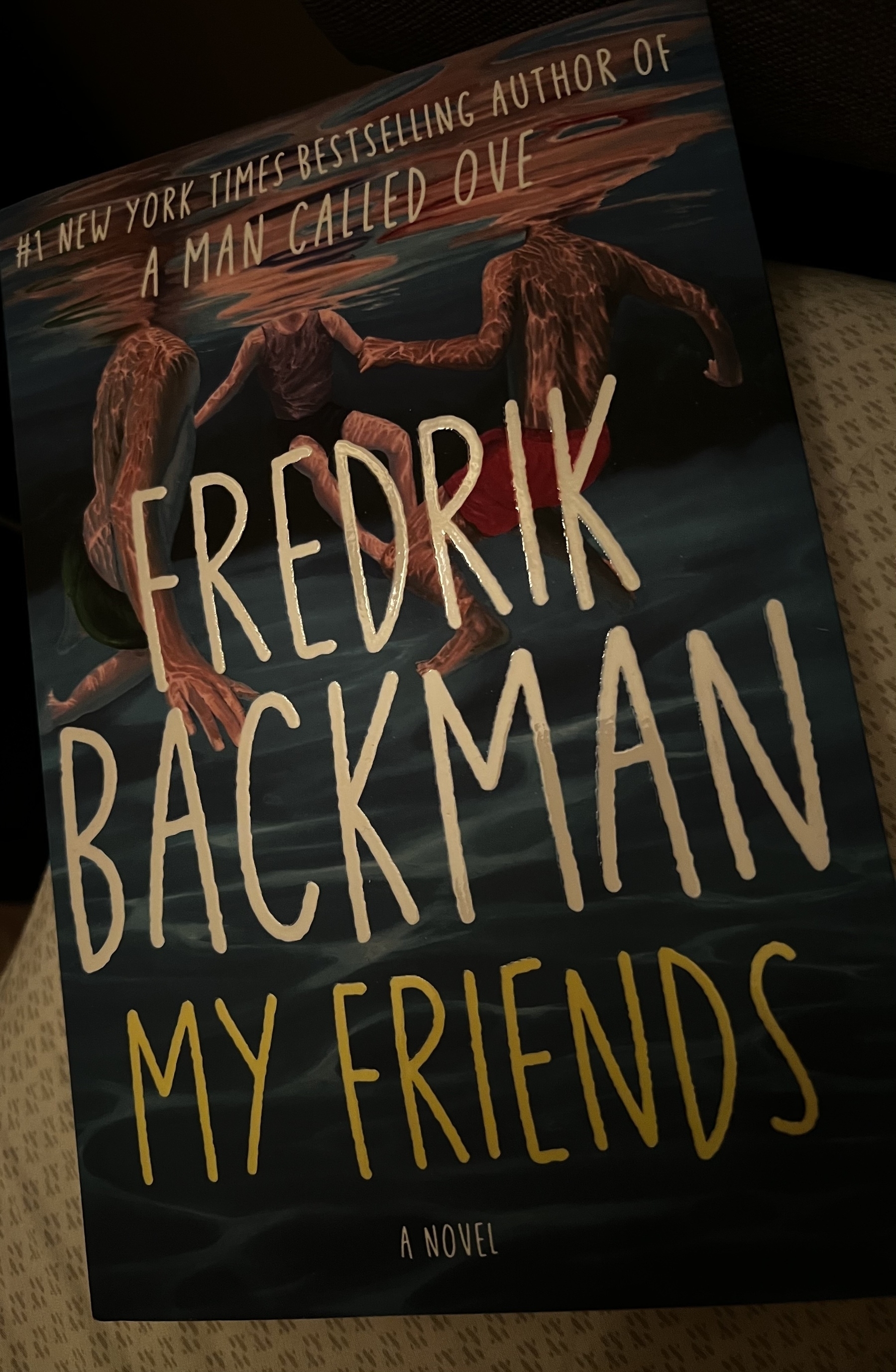 A book titled My Friends by Fredrik Backman features artwork of people on a colorful background.