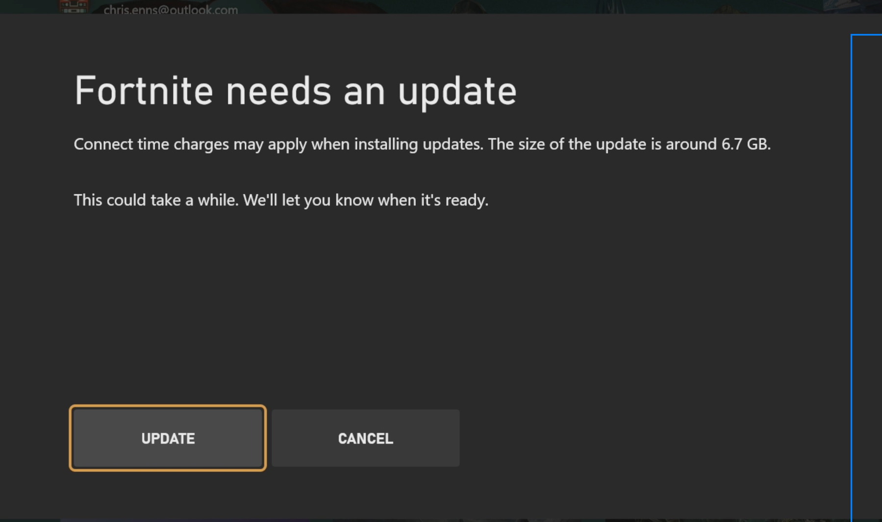 A notification indicates that Fortnite requires a 6.7 GB update, with options to update or cancel.
