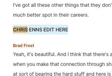  Screenshot of Descript editing software with large text reading “CHRIS ENNS EDIT HERE” highlighted.