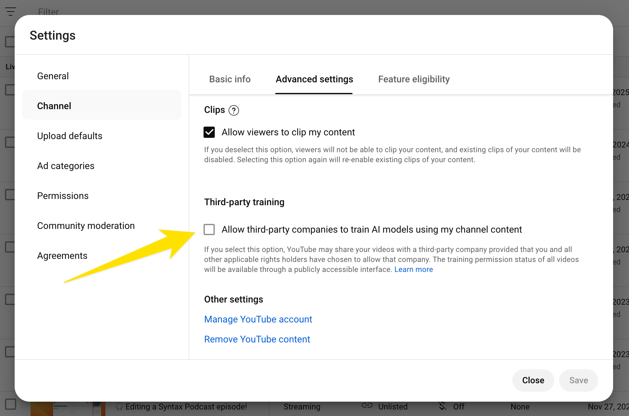 Screenshot showing YouTube setting in Channel Settings with a checkbox for If you select this option, YouTube may share your videos with a third-party company provided that you and all other applicable rights holders have chosen to allow that company. The training permission status of all videos will be available through a publicly accessible interface.