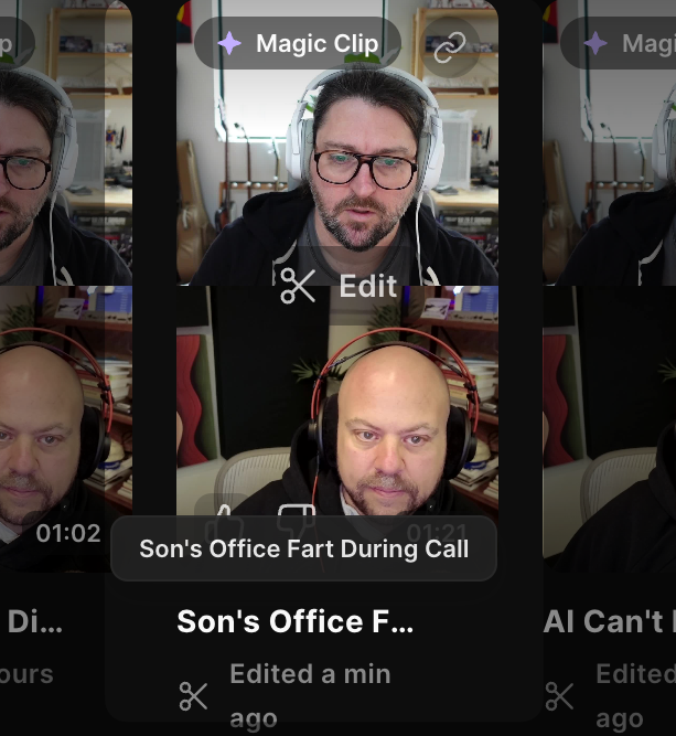 Screenshot from a ShopTalk Show recording showing Riverside.fm’s AI magic clip highlighting a segment called “Son’s office fart during call”