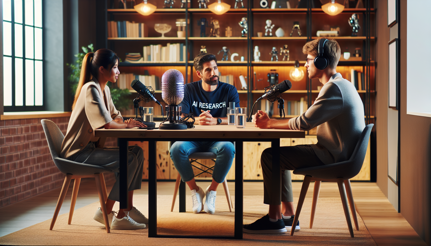 An AI generated image of a podcast recording session with a person on the left who has 3 legs, a giant sparkly microphone in addition to the 2 regular microphones, a person with dead eyes wearing a tshirt reading “AI research”, and a third person who looks fairly normal sitting in front of a microphone wearing headphones.