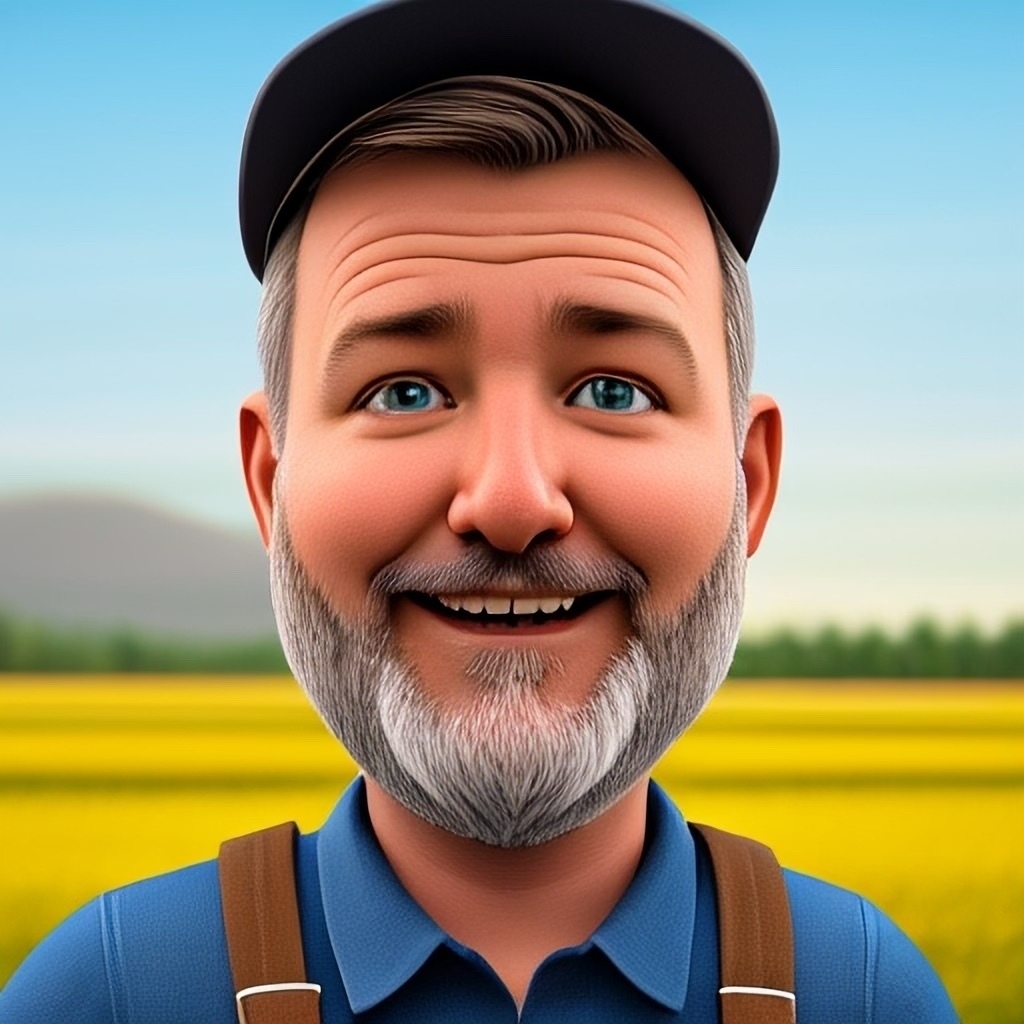 A smiling animated character with a beard and cap stands in front of a scenic outdoor background.