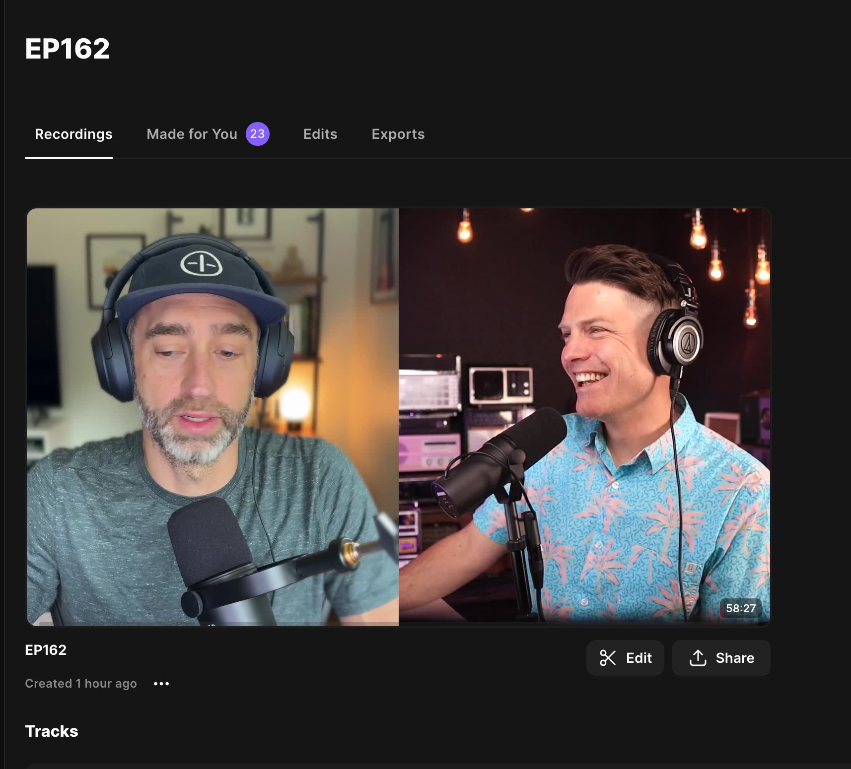 Two men wearing headphones are having a conversation in a video call, with one appearing more casually dressed while the other wears a patterned shirt.