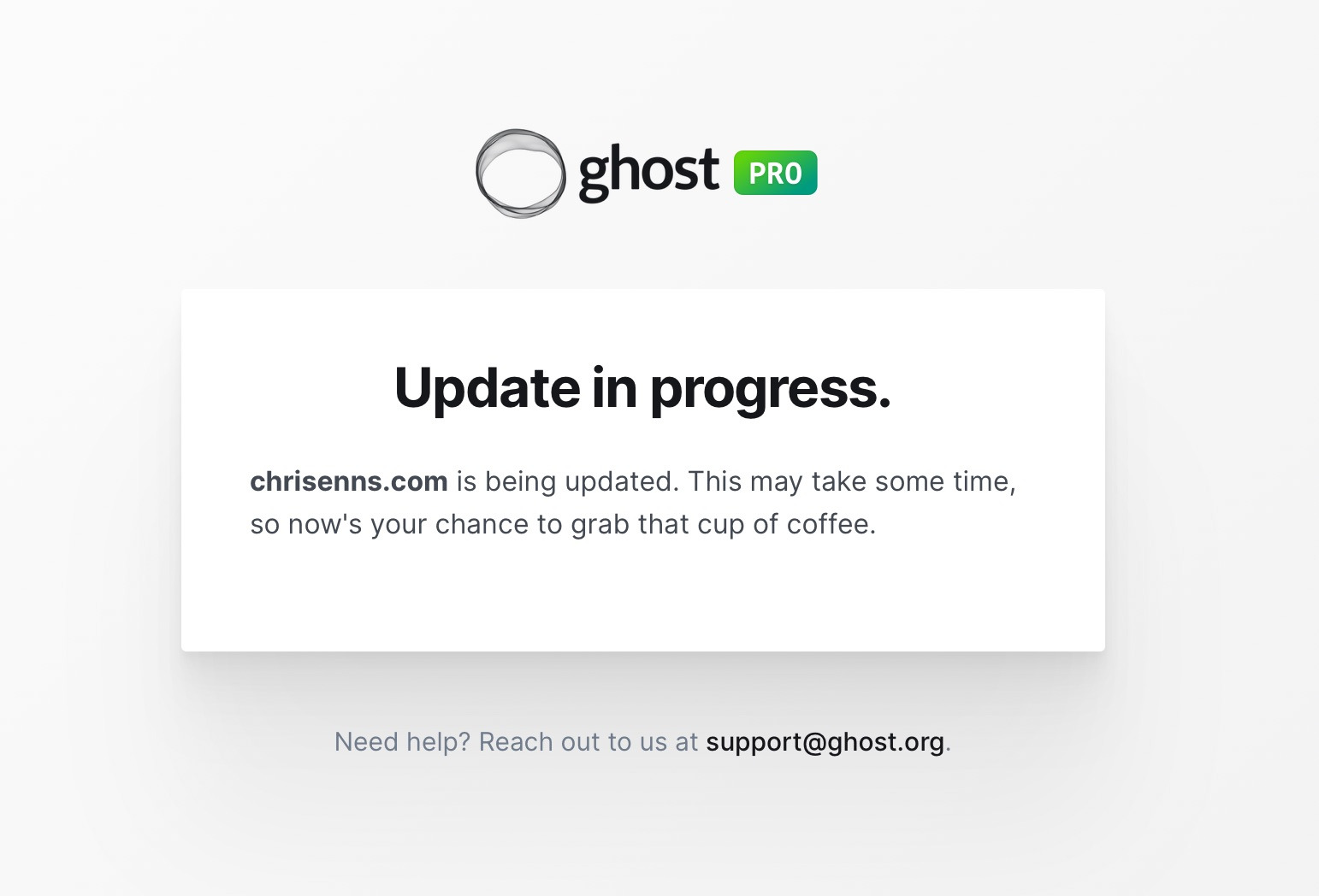 A website update for chrisenns.com is in progress, with a suggestion to take a coffee break while waiting.