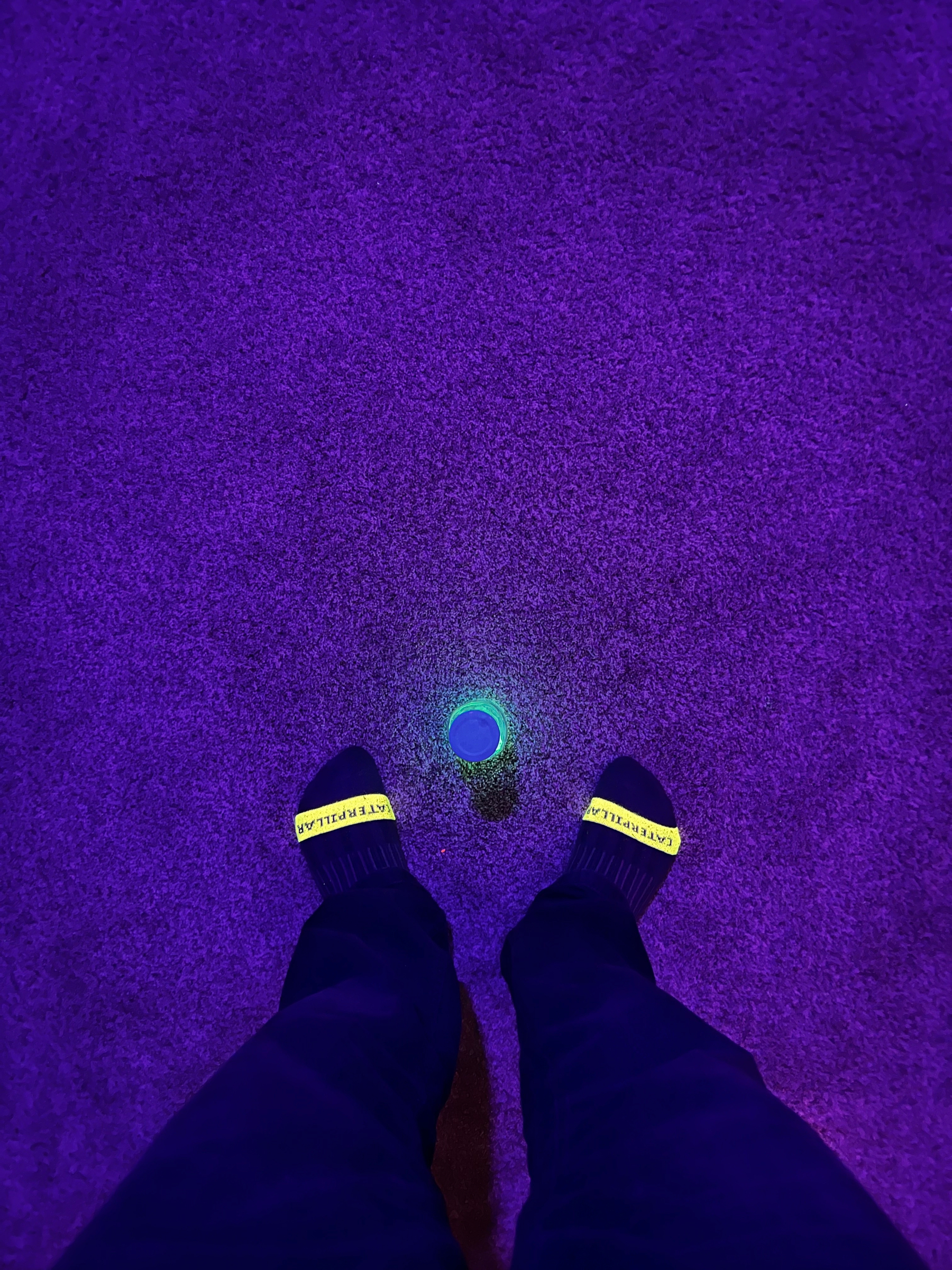 Two feet in socks stand on a purple carpet with a small glowing blue object between them.