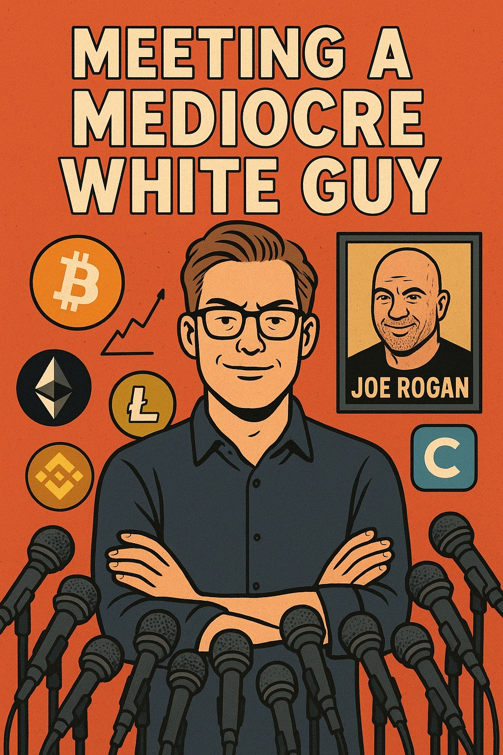 artwork for a fictional podcast called "Meeting a Mediocre White Guy" featuring an overconfident looking white male with lots of crypto logos and graphics, a poster of Joe Rogan in the background, and at least 10 microphones